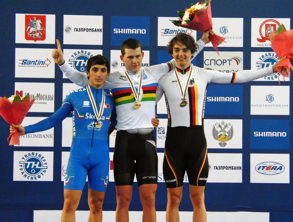 New Zealand�s Sam Webster on the podium after winning the keirin at the UCI World Junior Track Cycling Championships in Moscow today. Second was Rino Gasparrini (ITA) left, and third Alexander Reinelt (GER)